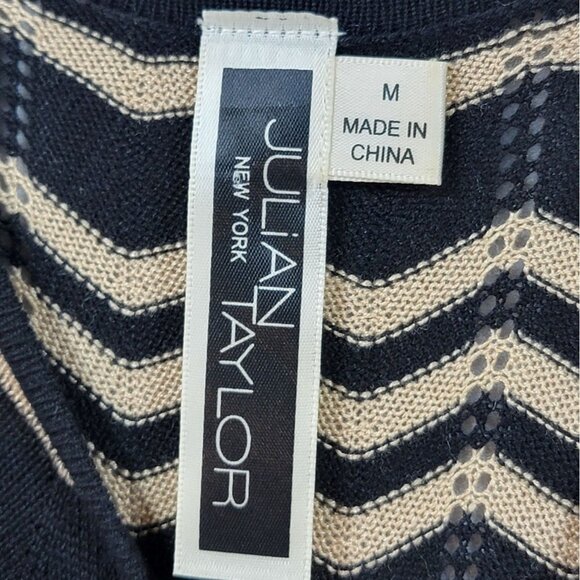 Julian Taylor Knit Midi Dress Size M Brown Black Stretch Zig Zag Eyelet Scallope - Picture 8 of 10